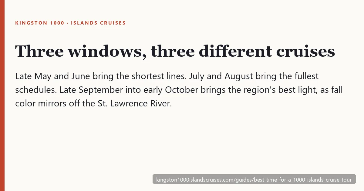 Three windows, three different cruises — late May/June, July/August, and late September/October each favor a different kind of 1000 Islands cruise trip
