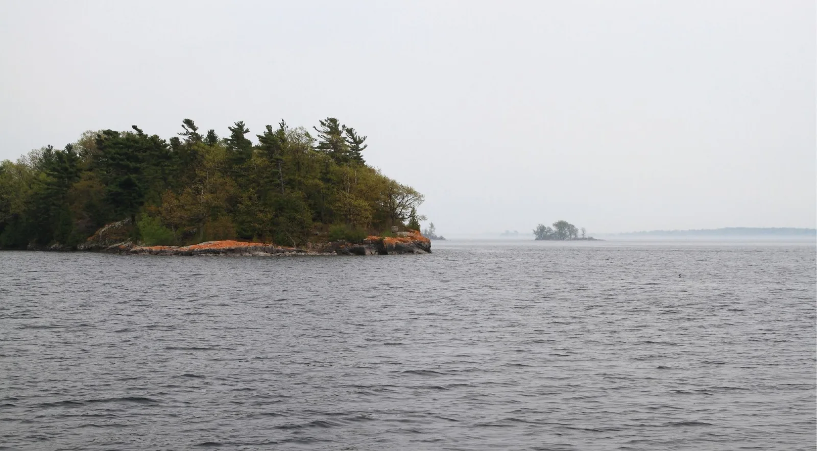 Small island with autumn foliage under a cloudy sky in the Thousand Islands
