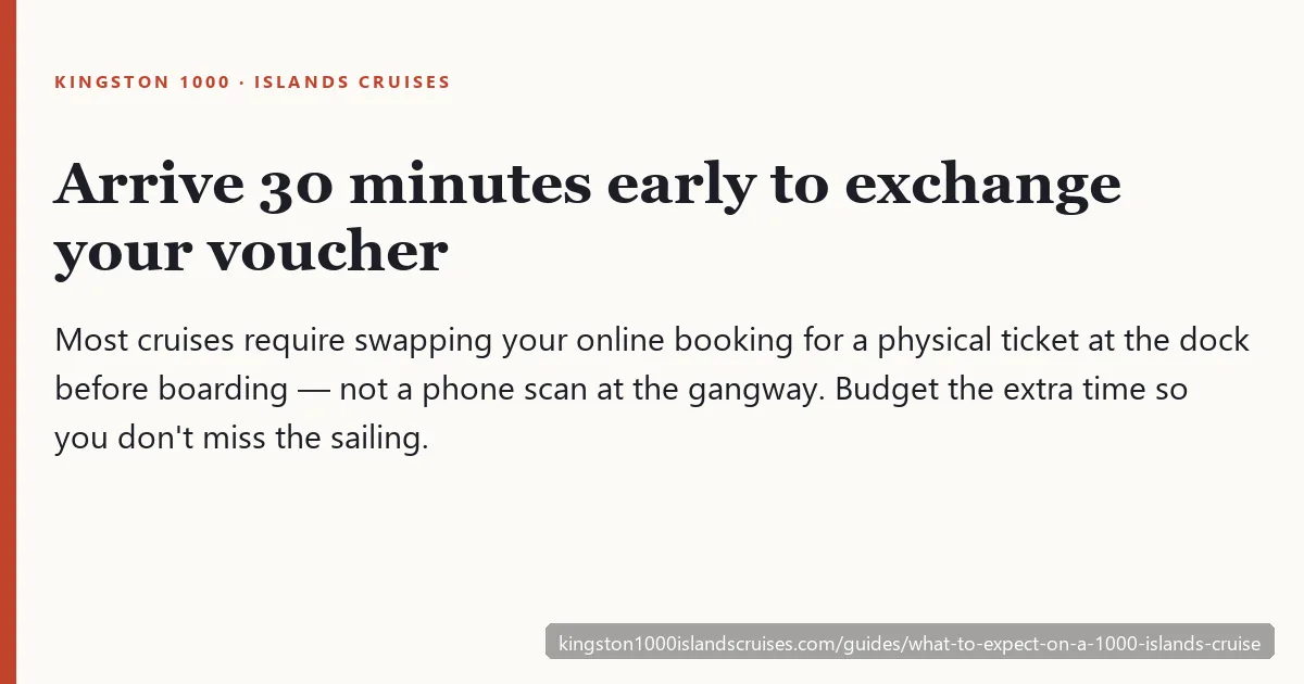 Arrive 30 minutes early to exchange your voucher for a physical boarding ticket before a 1000 Islands cruise